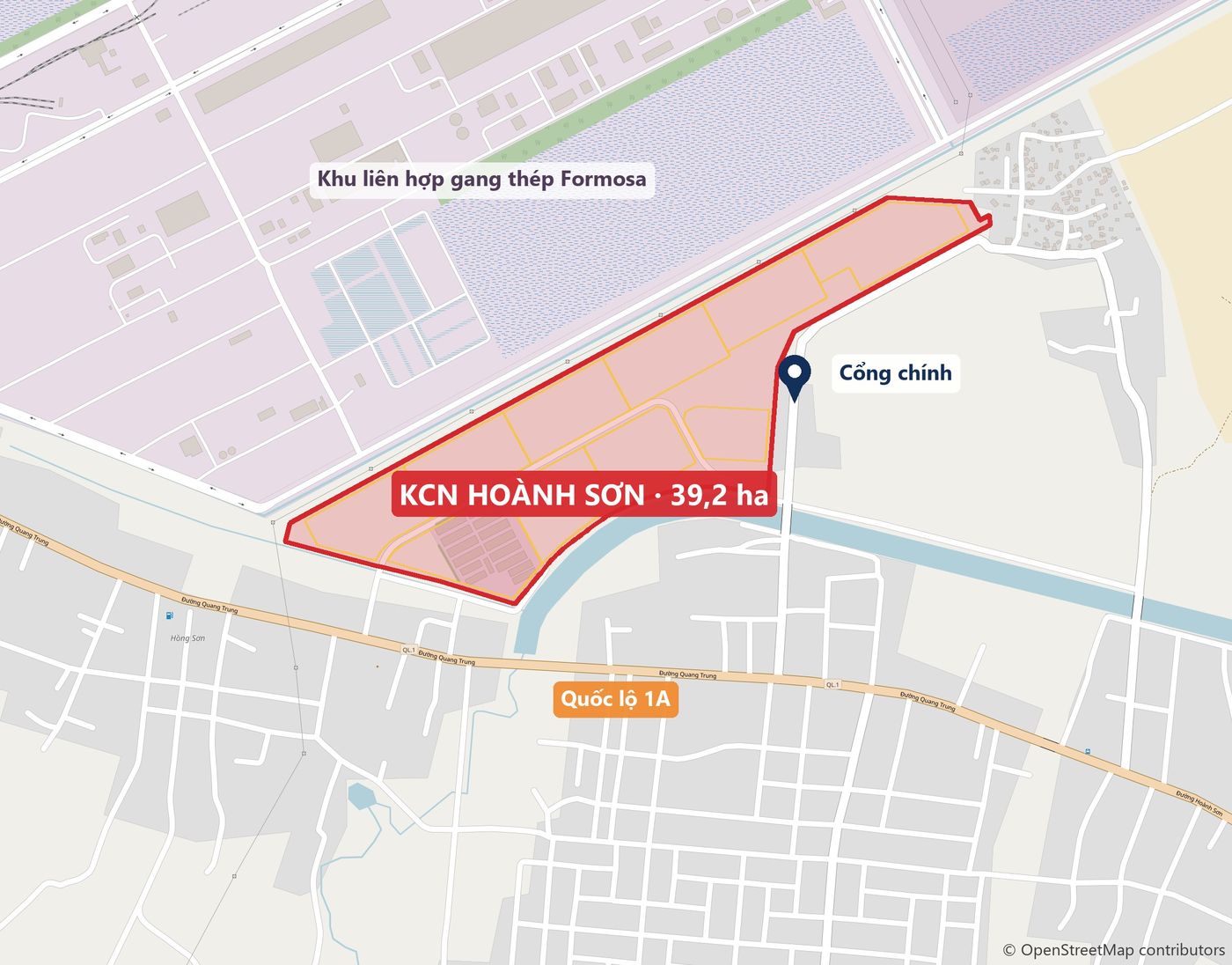 Bản đồ vị trí KCN Hoành Sơn, cổng chính và Quốc lộ 1A